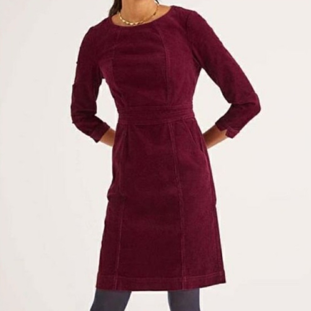 Boden size 6 corduroy Elegant Burgundy Dress 3/4 sleeve CORALINE